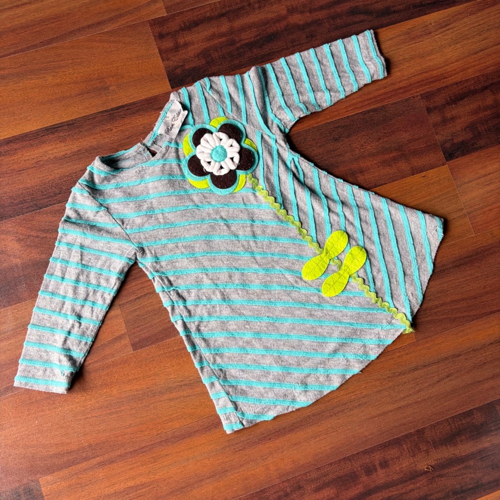 Rare Edition Girls Grey Turquoise Striped Tunic Top 3D Flower Applique Whimsical